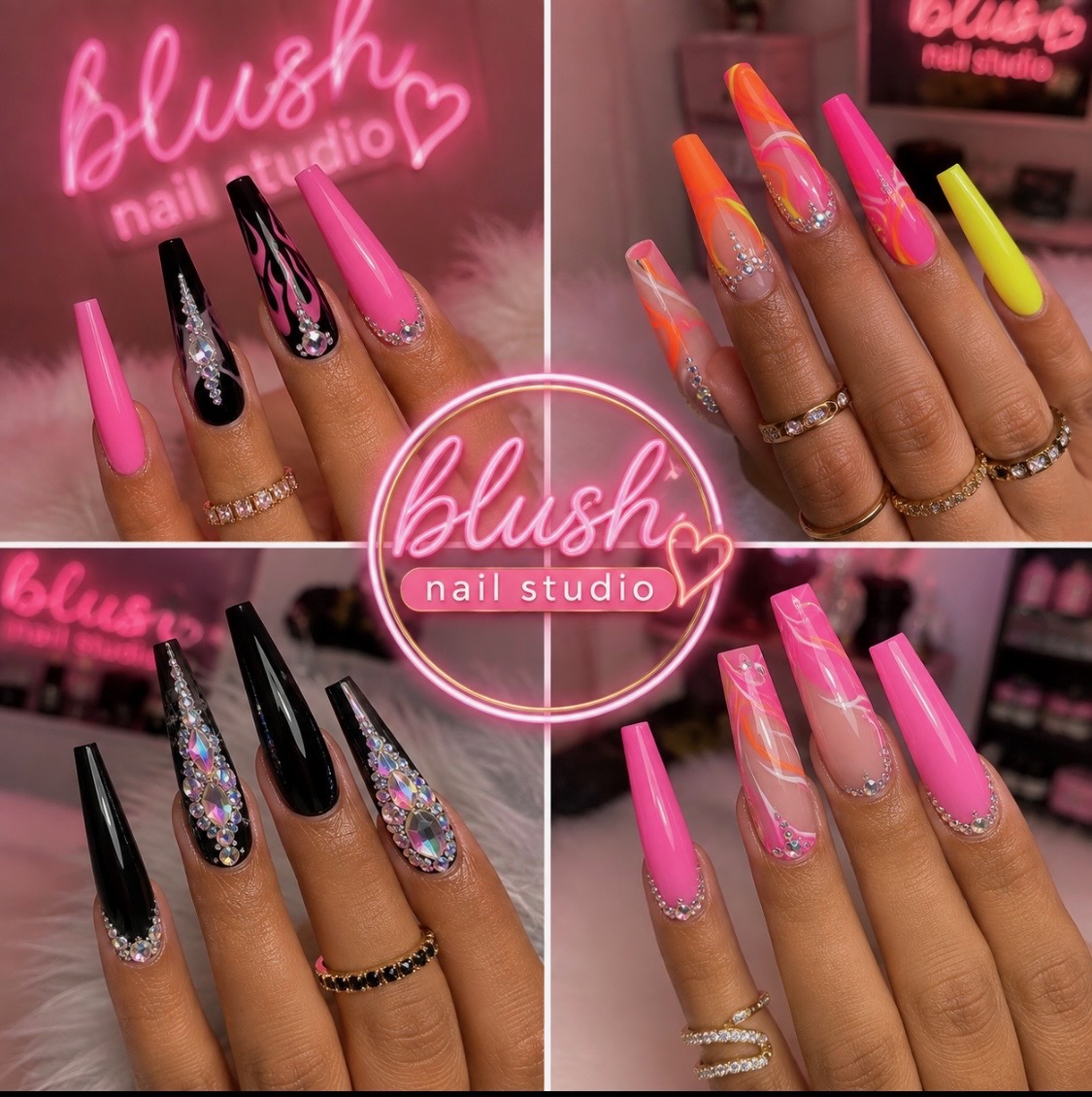 Collage of colorful sculpted nail sets by Blush Nail Studio
