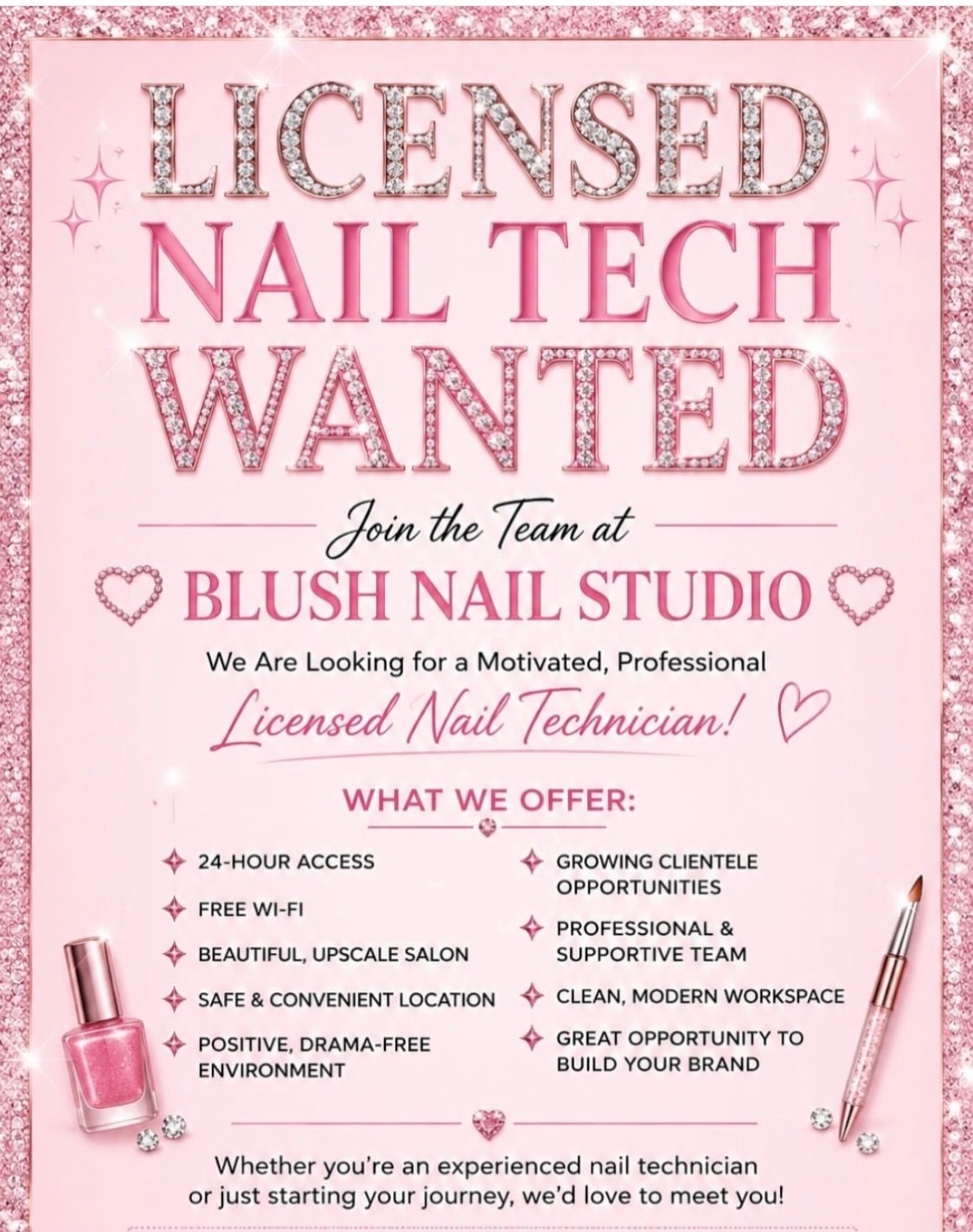 Blush Nail Studio recruitment flyer seeking a motivated, professional licensed nail technician