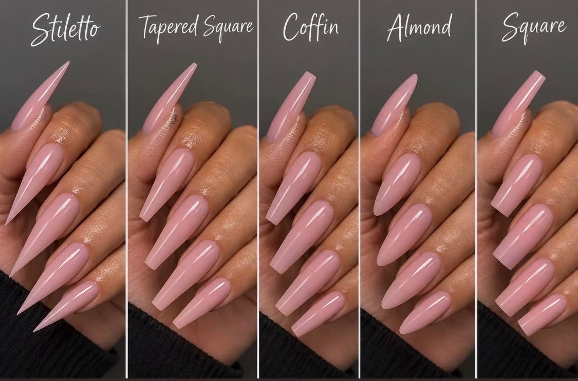 Five pink nail shapes side by side: pointed stiletto, tapered square, coffin, rounded almond, and square